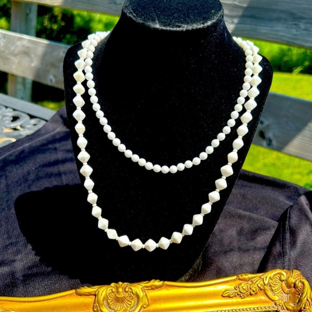2 Antique Milk Glass Bead Necklaces